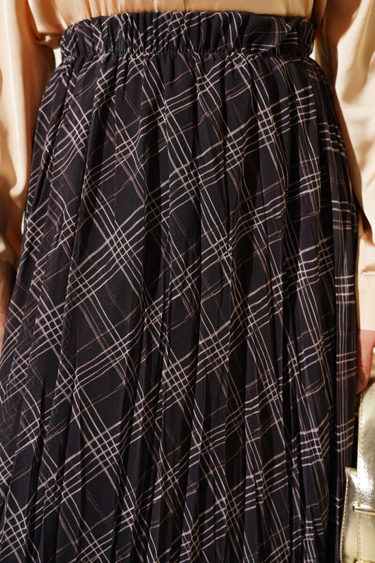 Striped Waist Elastic Chiffon Skirt Anthracite