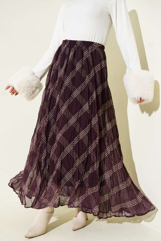 Çizgili Bel Lastikli Şifon Etek Mor