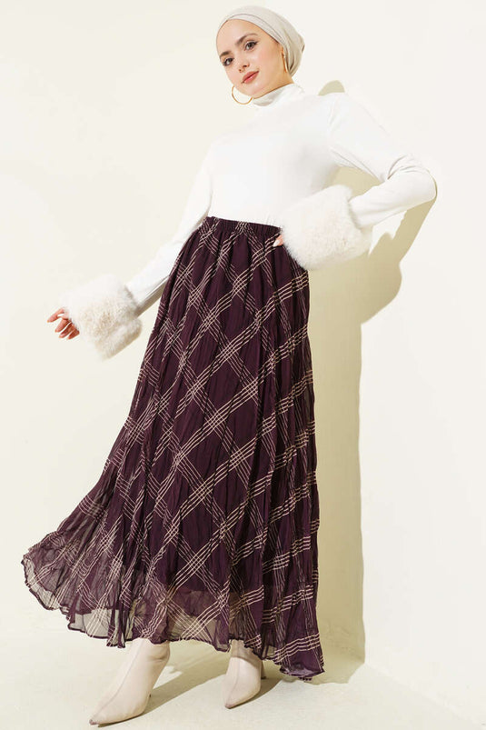 Çizgili Bel Lastikli Şifon Etek Mor