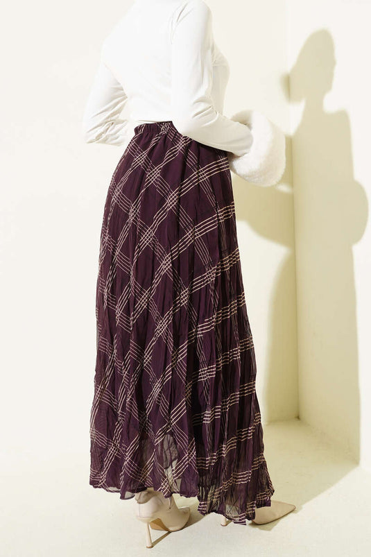 Çizgili Bel Lastikli Şifon Etek Mor
