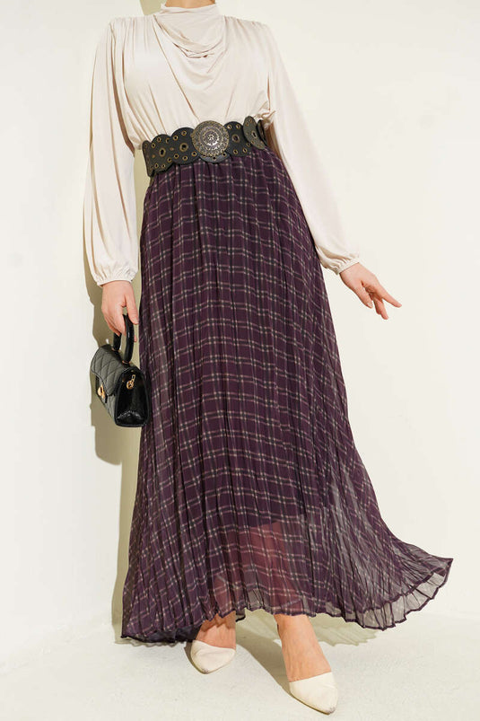 Striped Waist Elastic Chiffon Skirt Burgundy