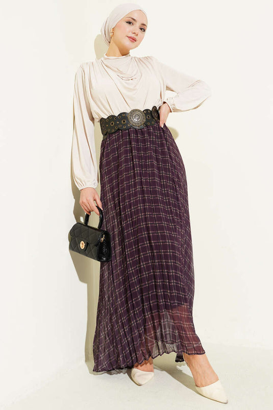 Striped Waist Elastic Chiffon Skirt Burgundy