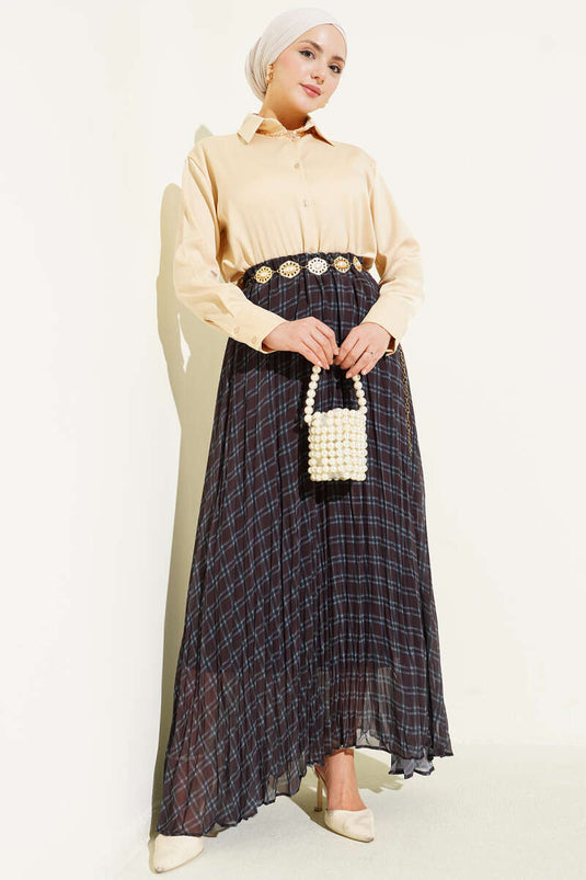 Striped Waist Elastic Chiffon Skirt Black Blue