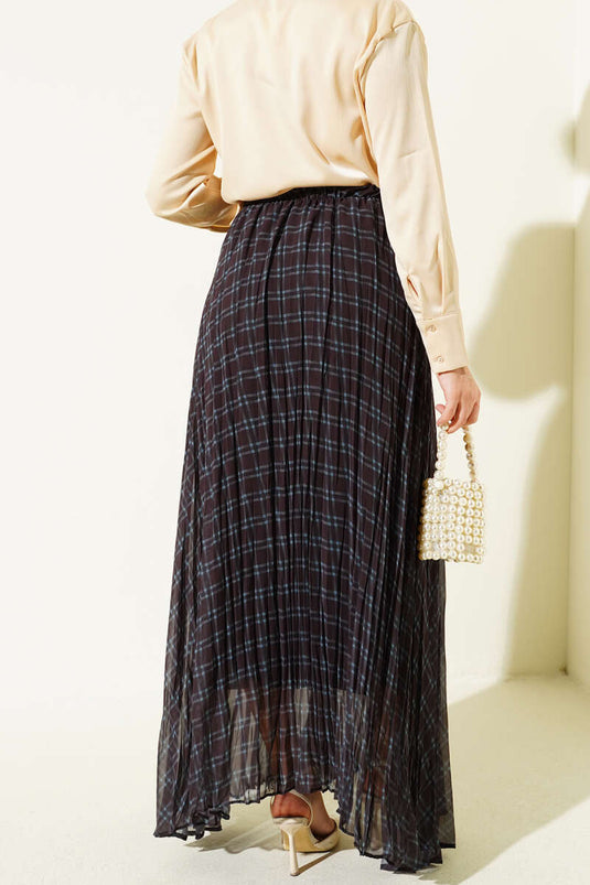 Striped Waist Elastic Chiffon Skirt Black Blue