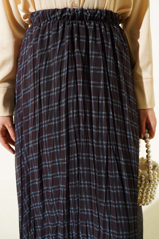 Striped Waist Elastic Chiffon Skirt Black Blue