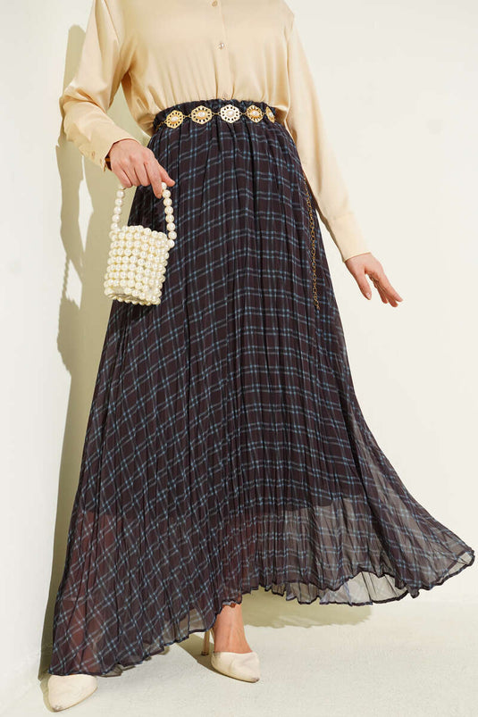 Striped Waist Elastic Chiffon Skirt Black Blue