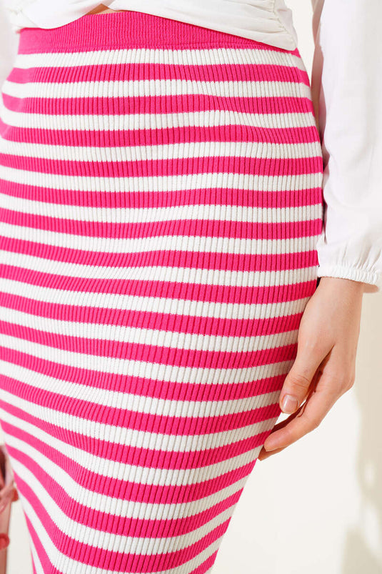 Striped Elastic Waist Knit Midi Skirt Fuchsia