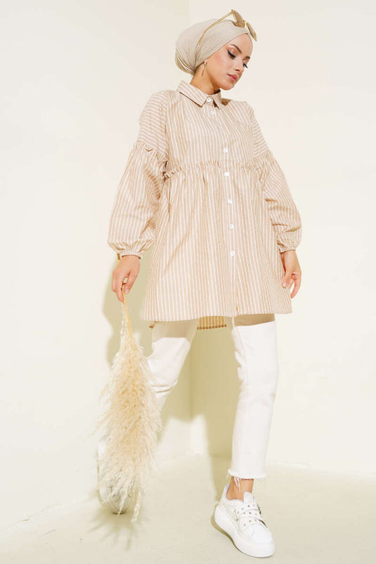 Striped Cuffed Elastic Shirt Latte