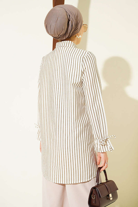 Camicia A Righe Con Polsini In Caffè