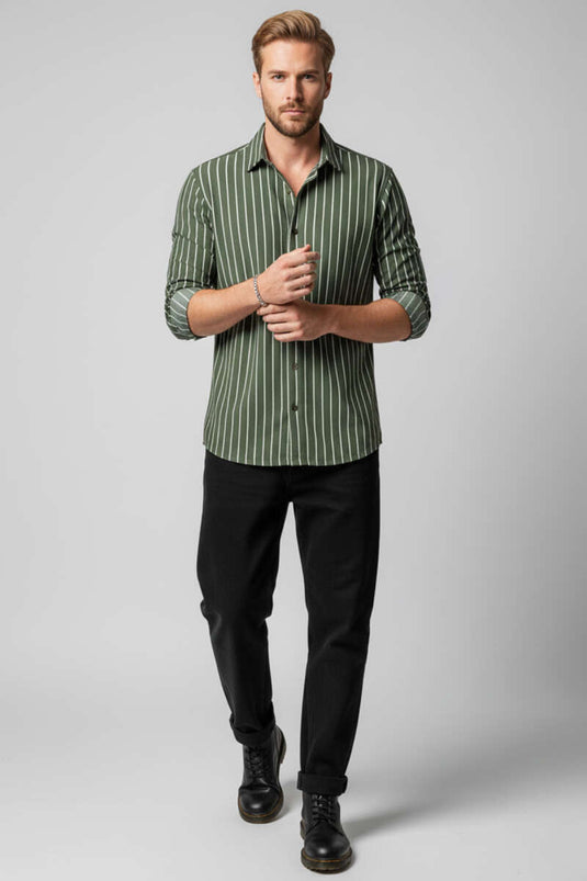 Çizgili Bilek Manşetli Erkek Gömlek Haki