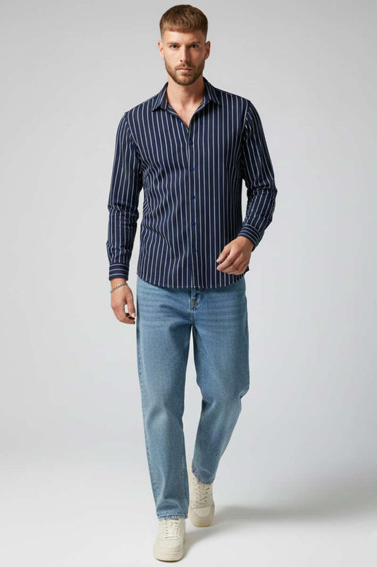 Chemise pour homme à rayures avec poignets à revers bleu marine