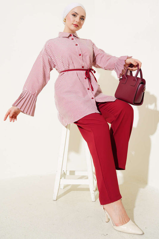 Costume deux pièces rayé à plis à la cheville rouge bordeaux