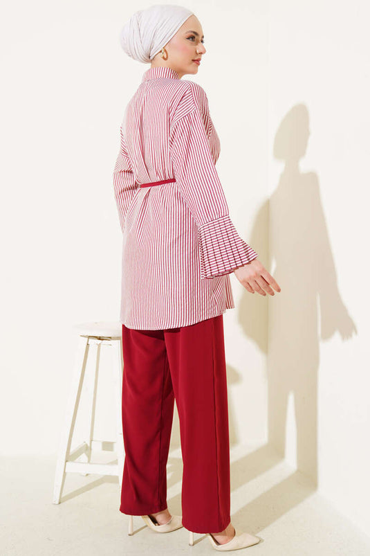 Costume deux pièces rayé à plis à la cheville rouge bordeaux