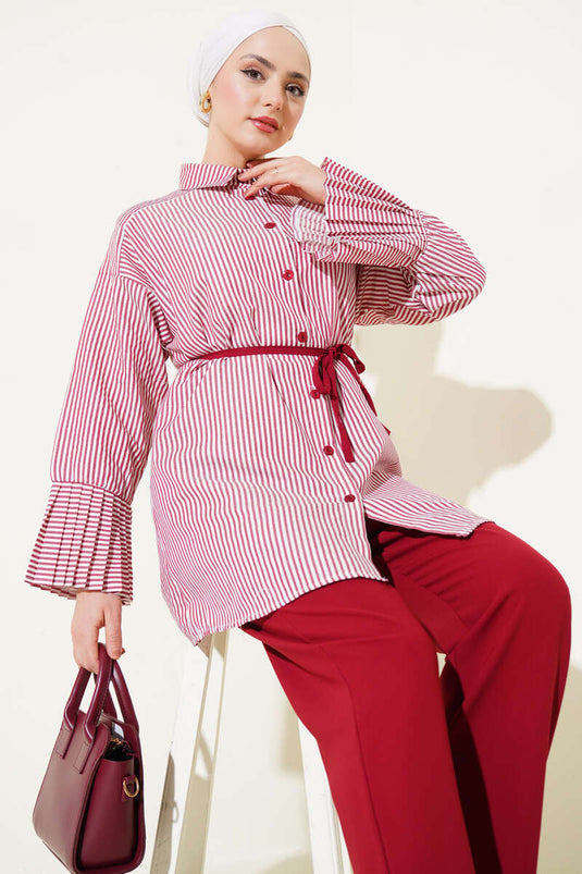 Costume deux pièces rayé à plis à la cheville rouge bordeaux