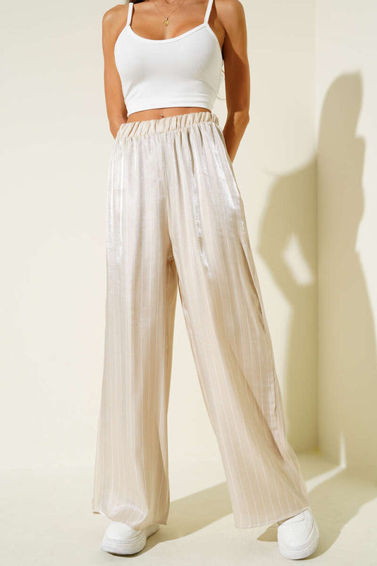 Striped Wide Leg Shiny Satin Trousers Beige