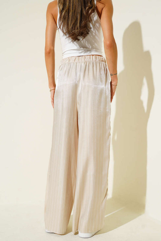 Striped Wide Leg Shiny Satin Trousers Beige
