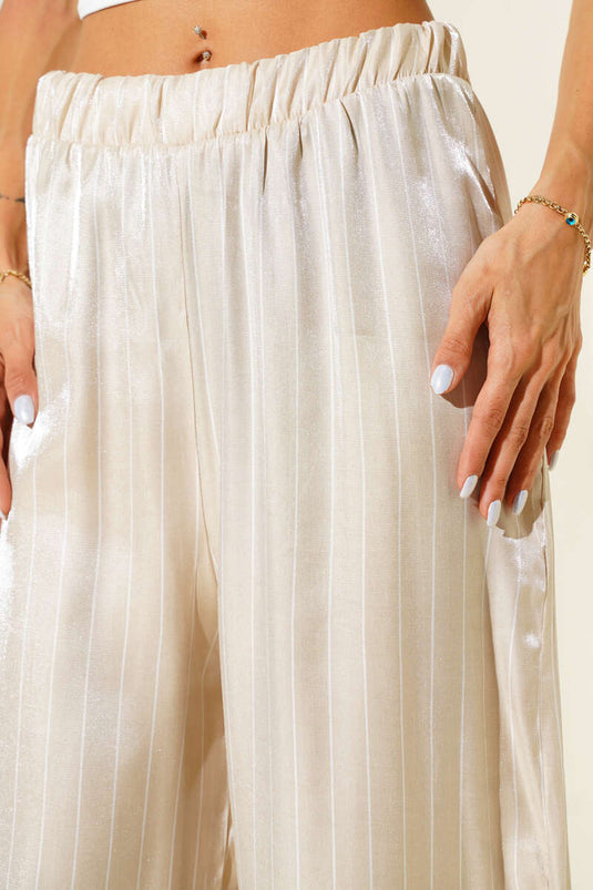 Striped Wide Leg Shiny Satin Trousers Beige