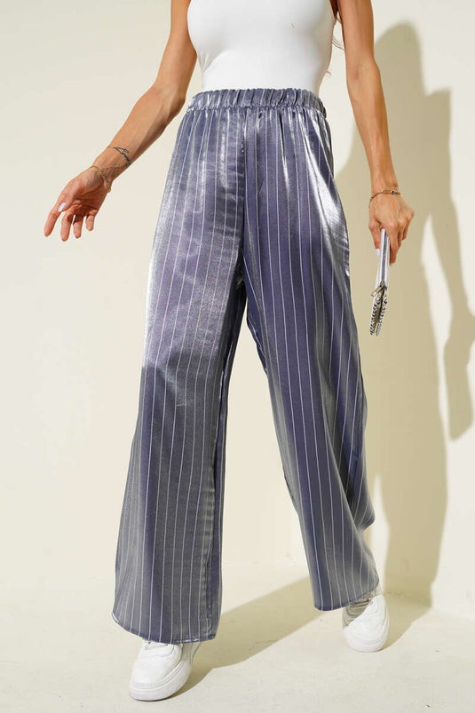 Striped Wide-Leg Shiny Satin Trousers Navy Blue