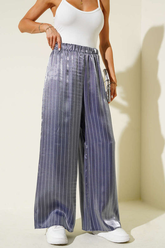 Striped Wide-Leg Shiny Satin Trousers Navy Blue