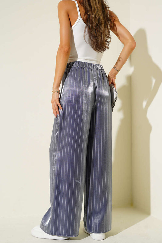 Striped Wide-Leg Shiny Satin Trousers Navy Blue