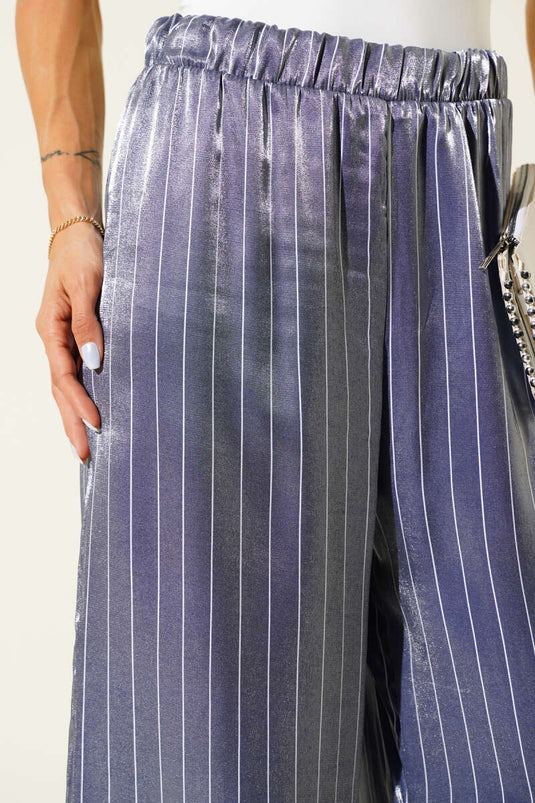 Striped Wide-Leg Shiny Satin Trousers Navy Blue