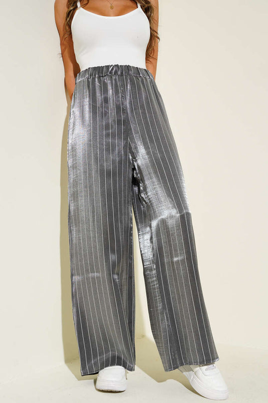Striped Wide Leg Shiny Satin Trousers Black