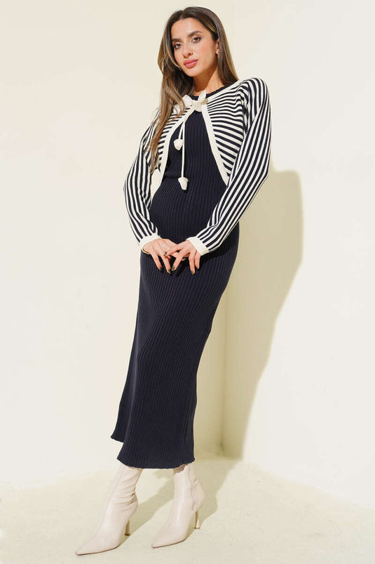 طقم بوليرو مخطط من قطعتين، أزرق داكن