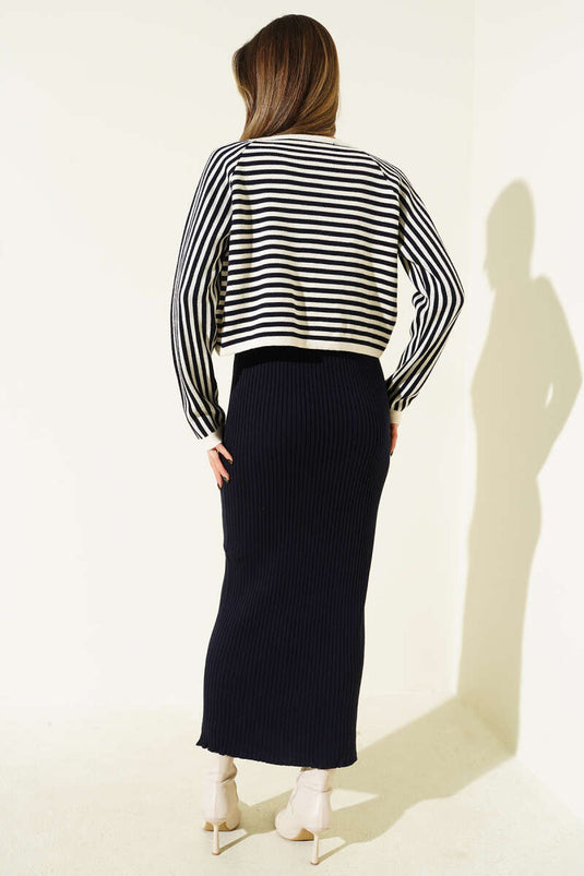 طقم بوليرو مخطط من قطعتين، أزرق داكن