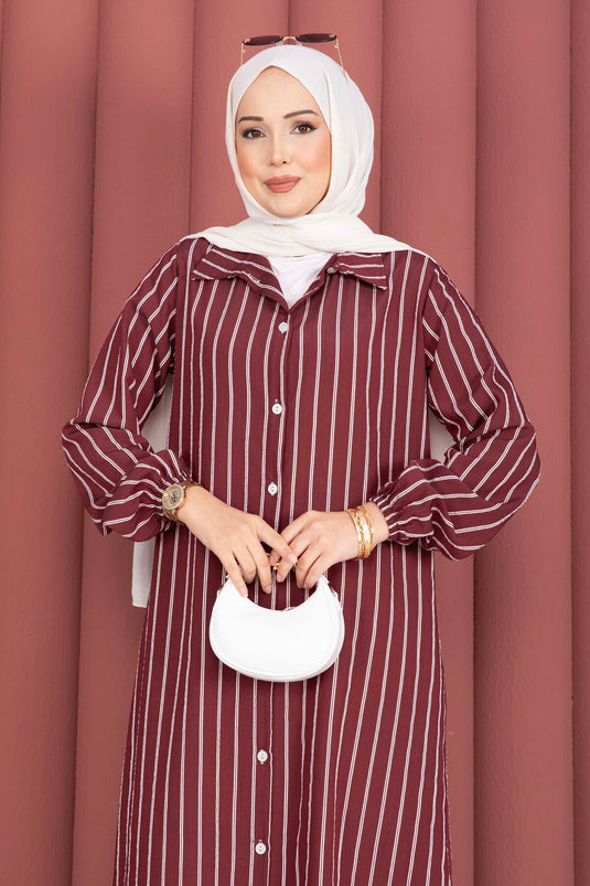 Çizgili Boydan Düğmeli Gömlek Tunik Bordo