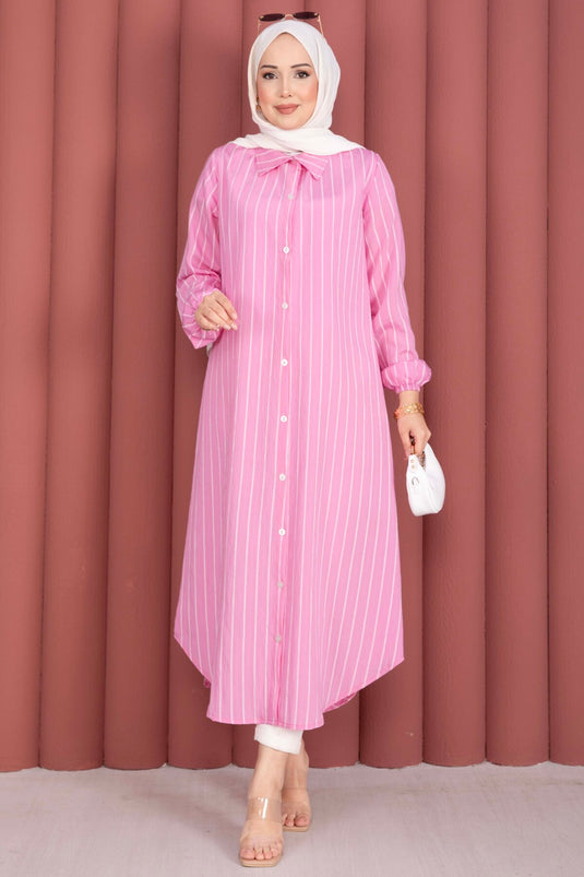Çizgili Boydan Düğmeli Gömlek Tunik Pembe
