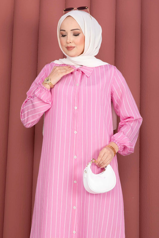Çizgili Boydan Düğmeli Gömlek Tunik Pembe