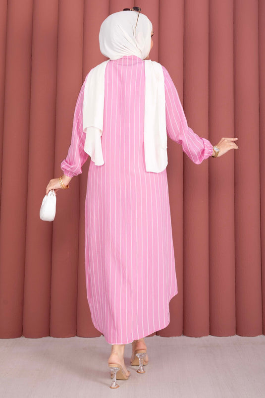Çizgili Boydan Düğmeli Gömlek Tunik Pembe