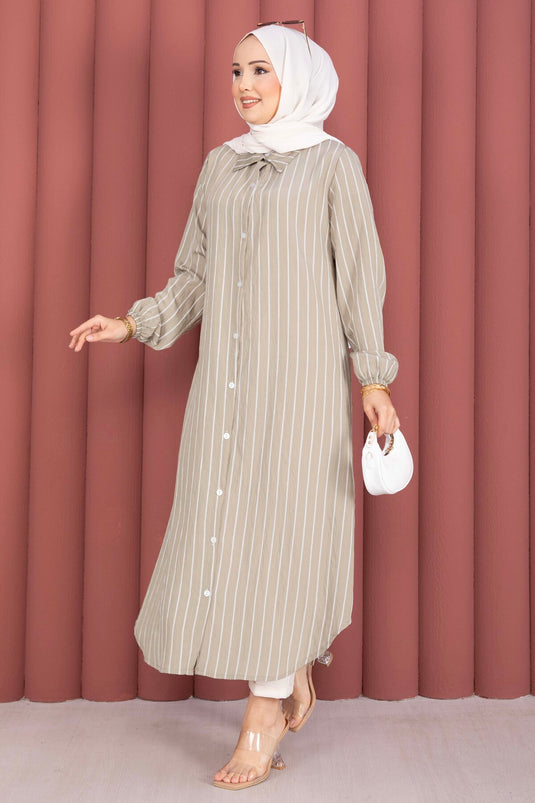 Striped Full-Length Buttoned Shirt Tunic Green Olive