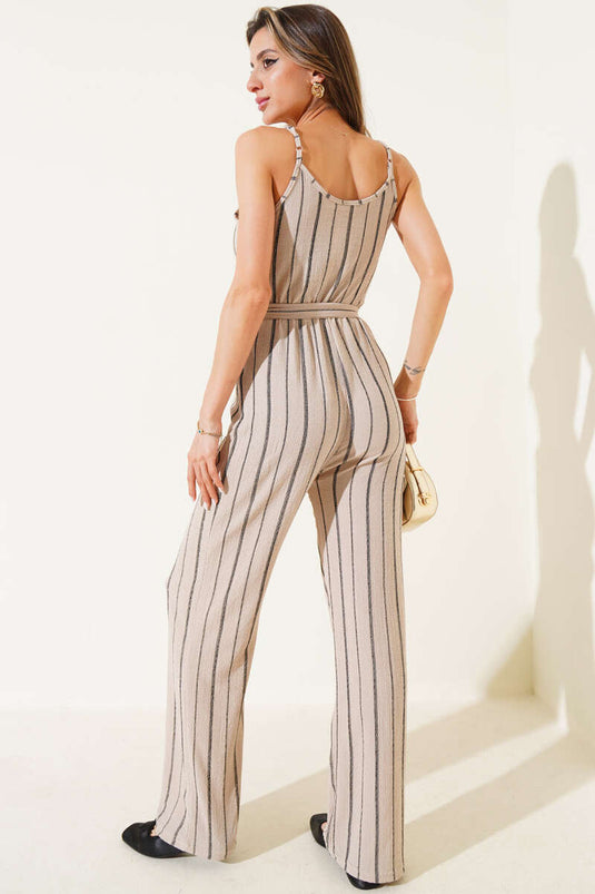 Gestreifter Jumpsuit aus Crêpe-Stoff mit Trägern, Beige