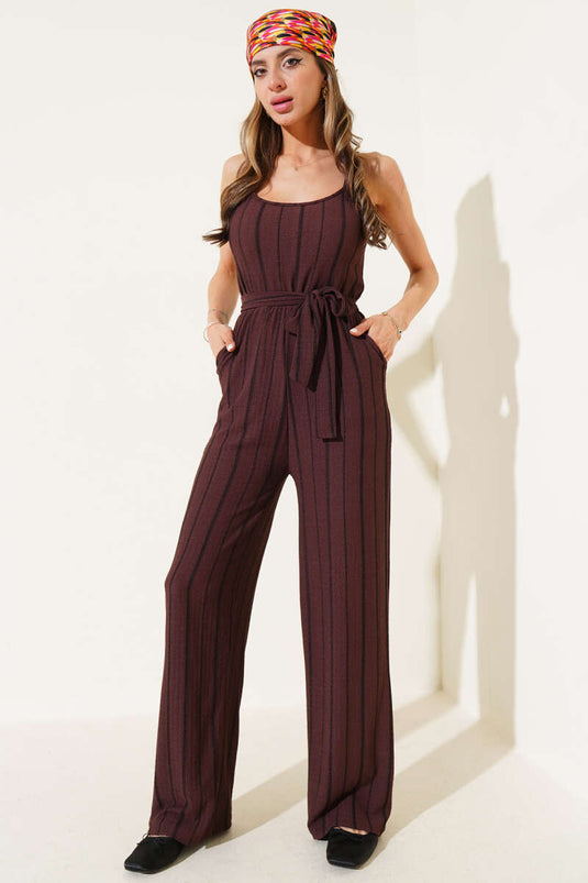 Combinaison à bretelles en crêpe rayée, marron