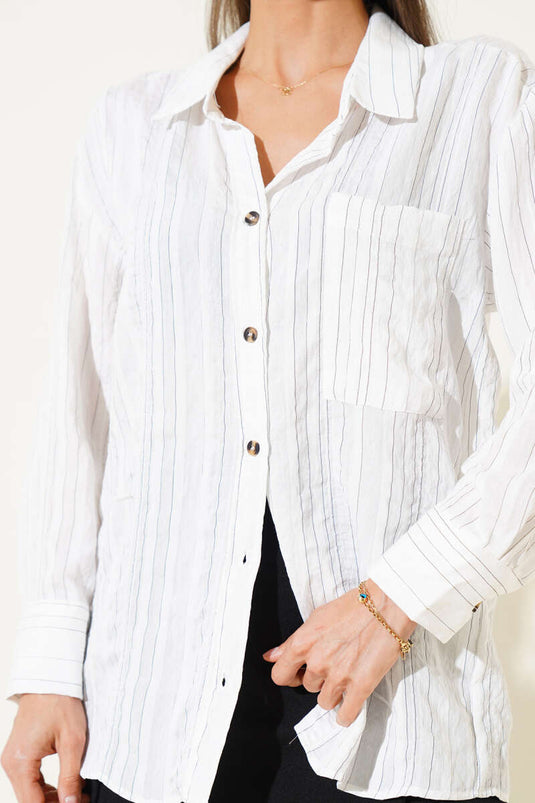 Camisa corta con bolsillo a rayas blanca