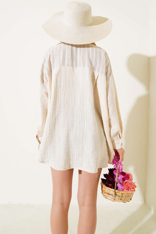 Striped Pocket Casual Linen Shirt Stone