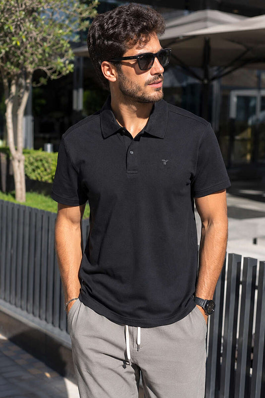 Çizgili Çıtçıtlı Polo Yaka Erkek T-shirt Siyah