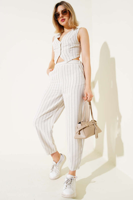Striped Crop Vest Linen Two-Piece Suit Beige
