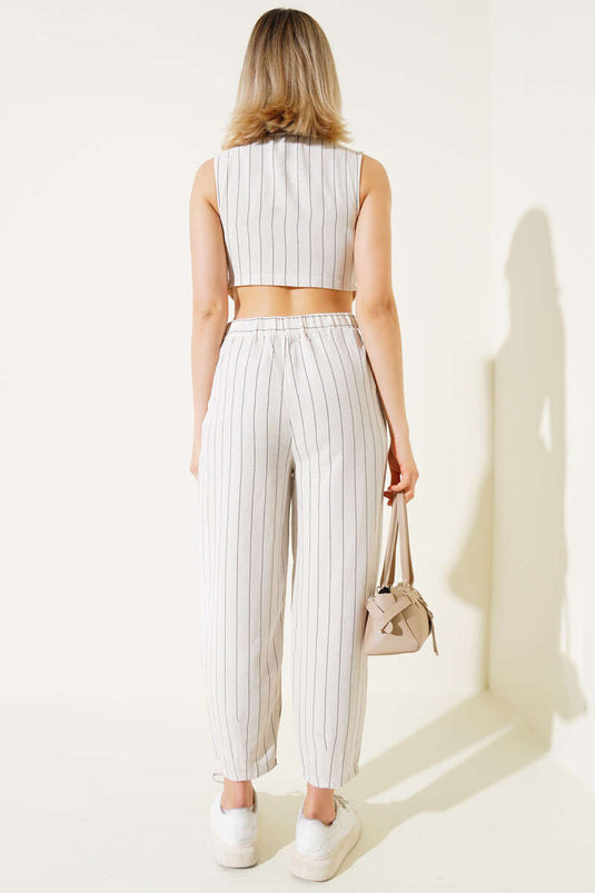 Striped Crop Vest Linen Two-Piece Suit Beige