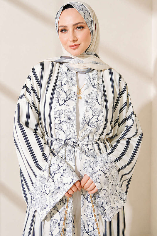 Çizgili Desenli Şal Detaylı Kimono Lacivert