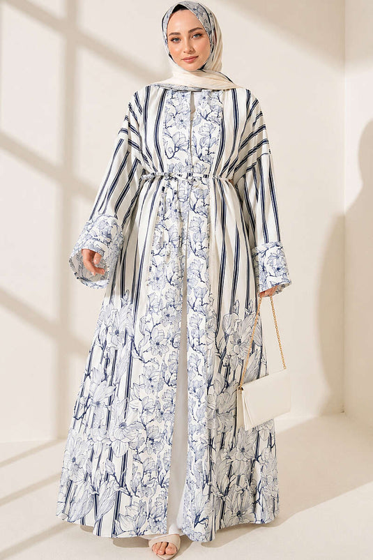 Çizgili Desenli Şal Detaylı Kimono Siyah