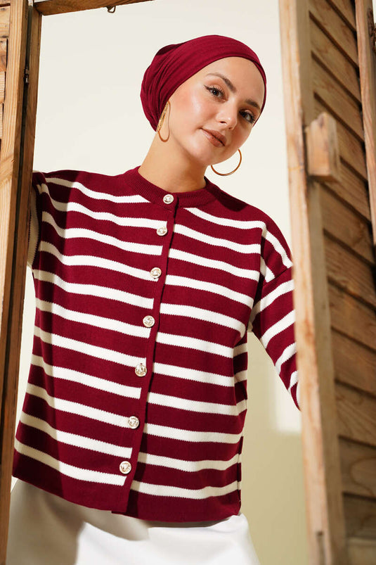 Striped Button Detailed Short Knit Cardigan Burgundy