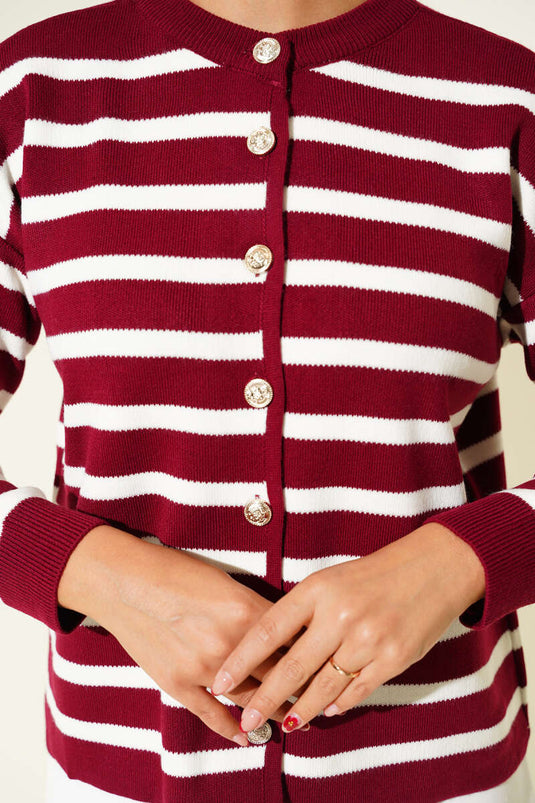 Striped Button Detailed Short Knit Cardigan Burgundy