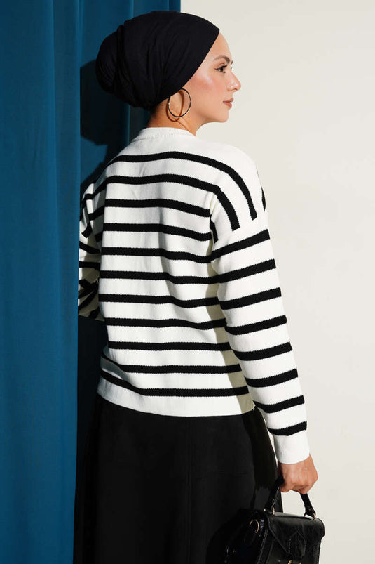Striped Button Detailed Short Knit Cardigan Ecru