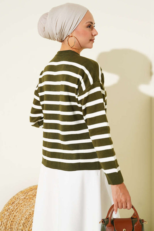 Cardigan court en maille à rayures et boutons, kaki