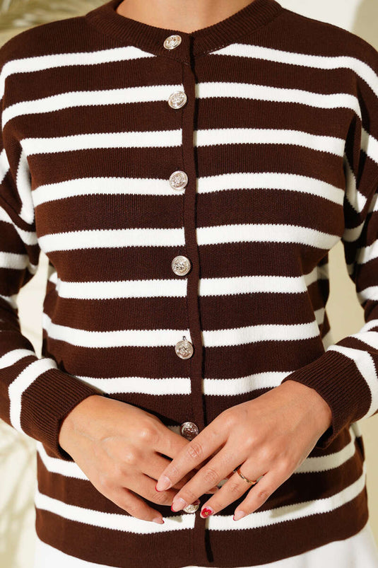 Striped Button Detailed Short Knit Cardigan Brown
