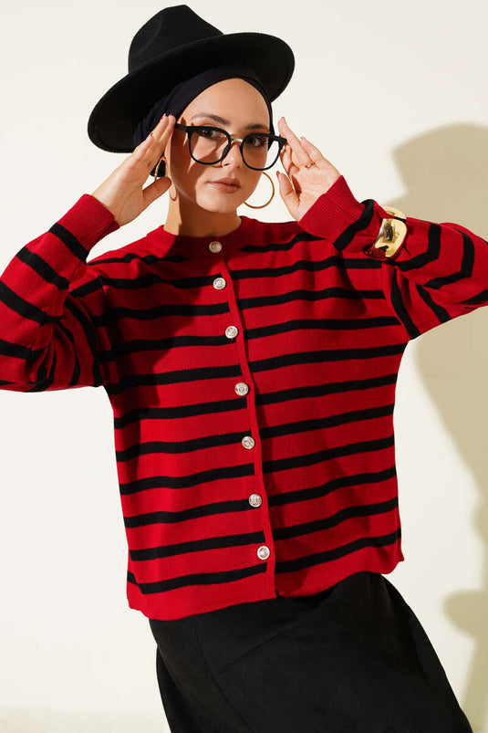 كارديجان قصير محبوك مخطط بأزرار باللون الأحمر