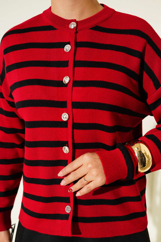 كارديجان قصير محبوك مخطط بأزرار باللون الأحمر