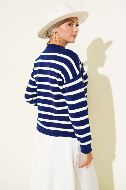 Striped Button Detailed Short Knit Cardigan Navy Blue